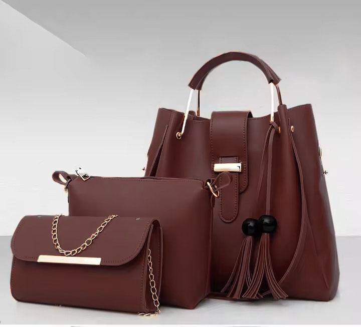 Trendy 3 Pcs PU Leather Handbag Set – Shoulder, Tote & Pouch