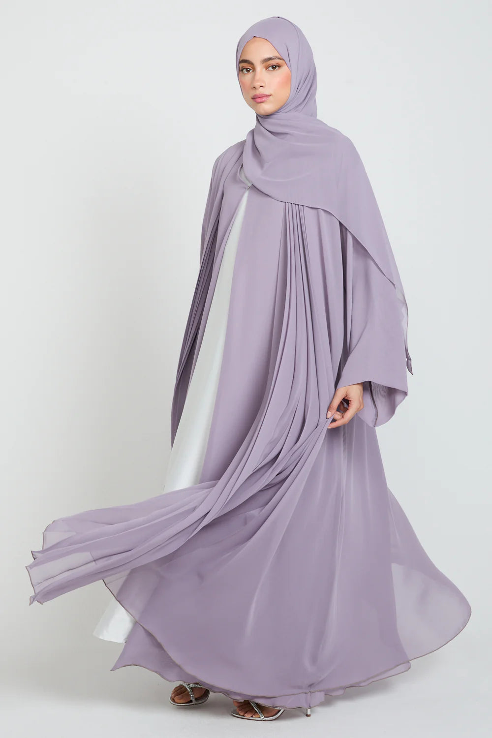 Luxury Chiffon Open Abaya with Pleated Detailing - Royal Lilac