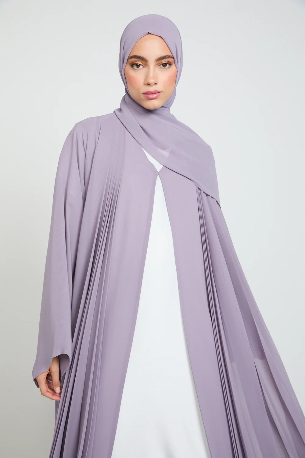 Luxury Chiffon Open Abaya with Pleated Detailing - Royal Lilac